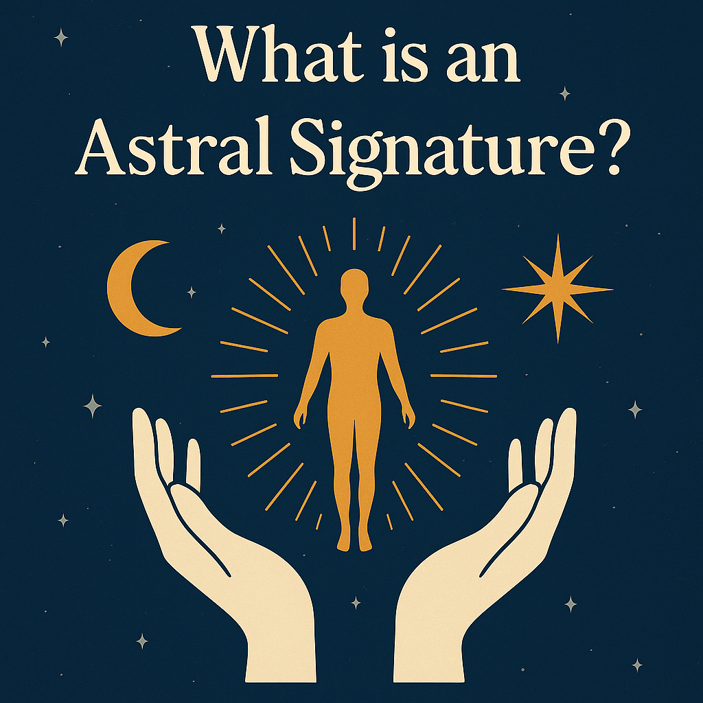 Illustration of a glowing human silhouette rising from a lotus flower under a cosmic sky, symbolizing the meaning of Astral Signature as the unique energetic imprint of the soul.