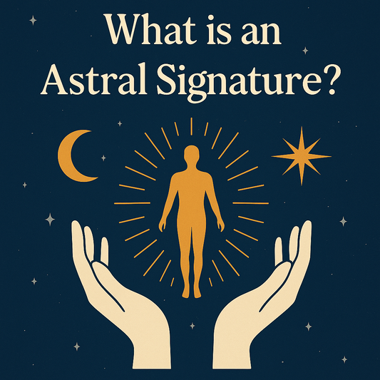 Illustration of a glowing human silhouette rising from a lotus flower under a cosmic sky, symbolizing the meaning of Astral Signature as the unique energetic imprint of the soul.