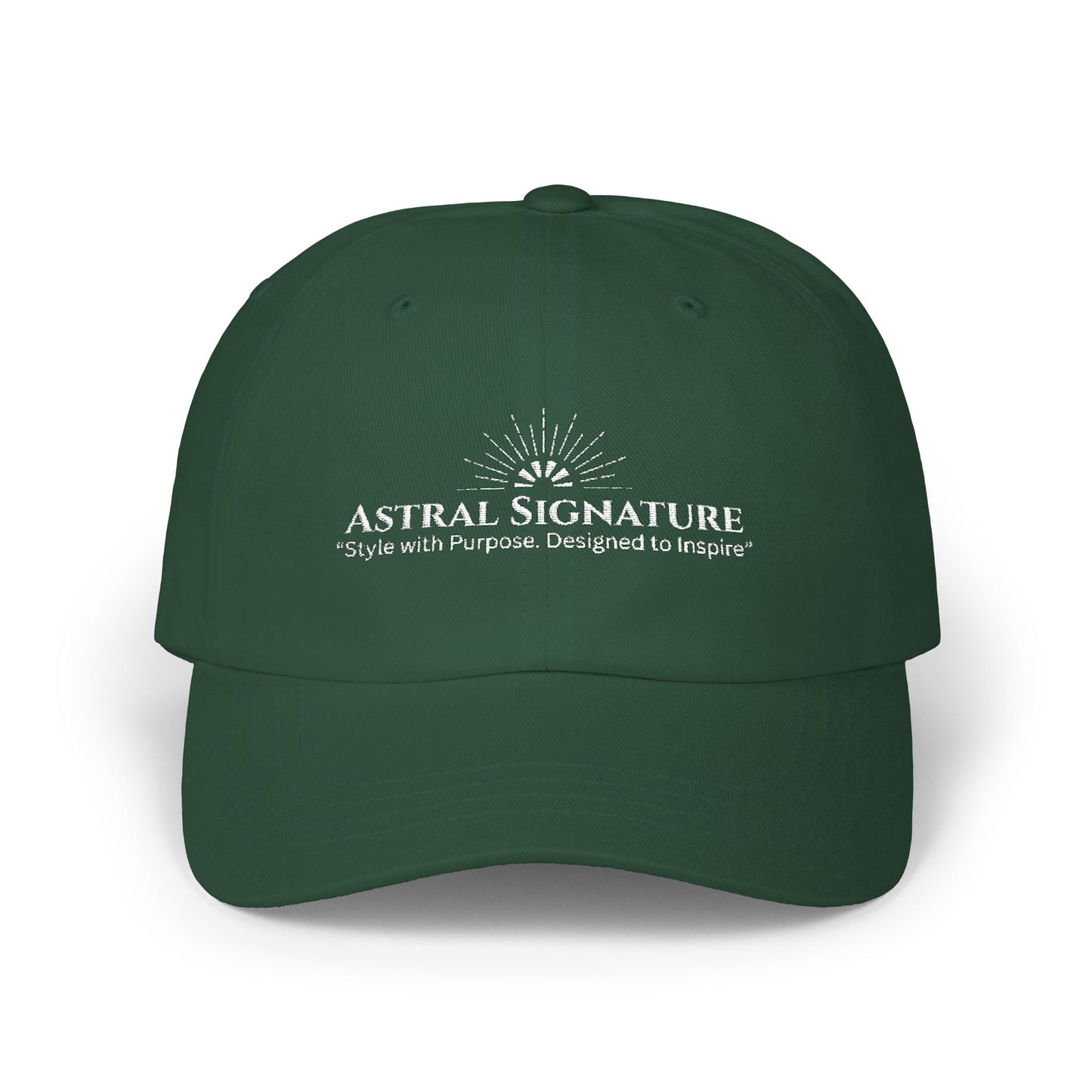 Unisex Classic Dad Cap in a rich green color from the Astral Signature Collection. This versatile baseball hat blends comfort with style, making it a fantastic casual accessory for him. A perfect choice for a Father's Day gift, this cap reflects trendy urban style and vintage vibes.