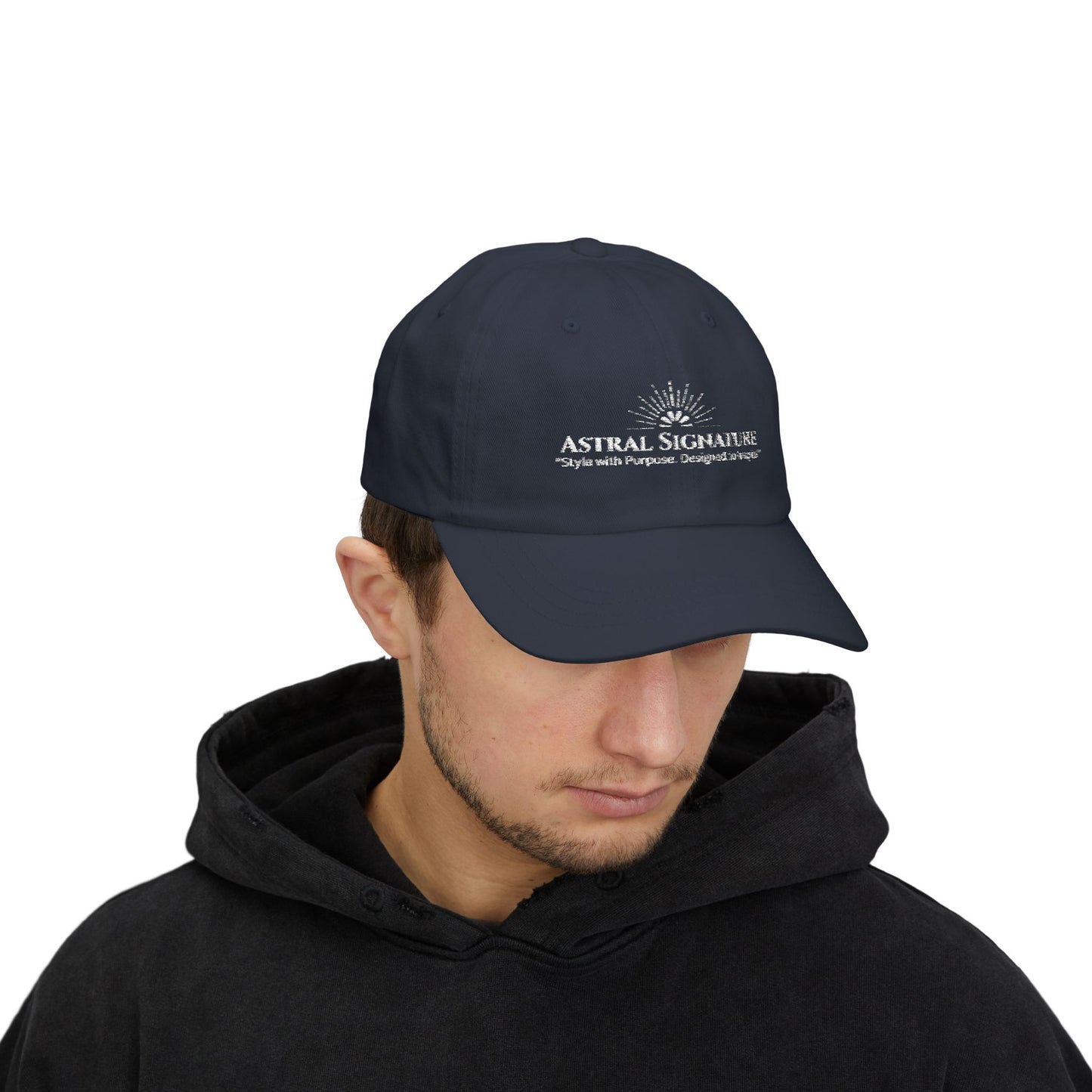 Back view of a black Classic Dad Cap from the Astral Signature Collection, showcasing its adjustable closure. This stylish baseball hat is designed for comfort and casual wear, making it a fantastic Father's Day gift or a classic choice for everyday use.