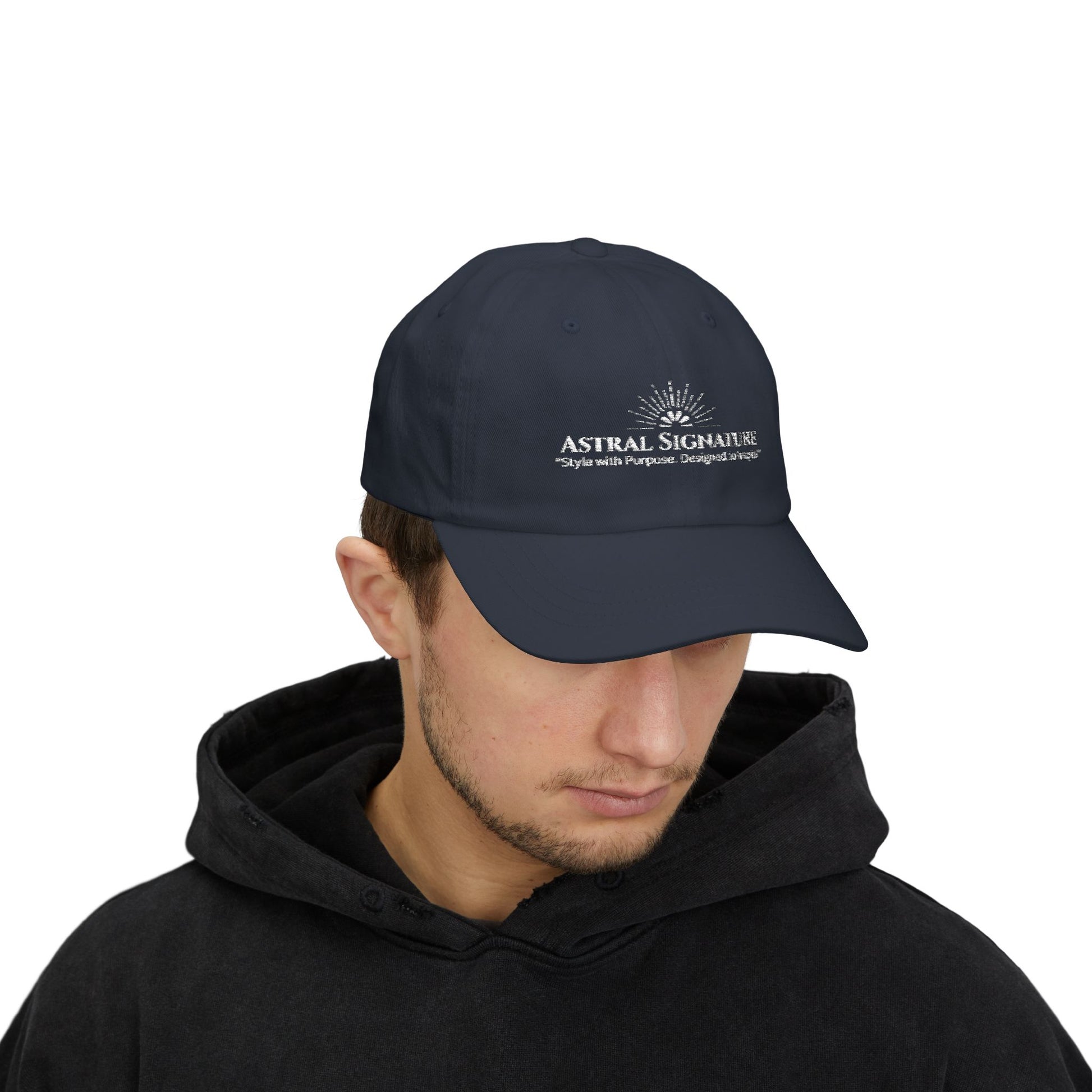 Back view of a black Classic Dad Cap from the Astral Signature Collection, showcasing its adjustable closure. This stylish baseball hat is designed for comfort and casual wear, making it a fantastic Father's Day gift or a classic choice for everyday use.