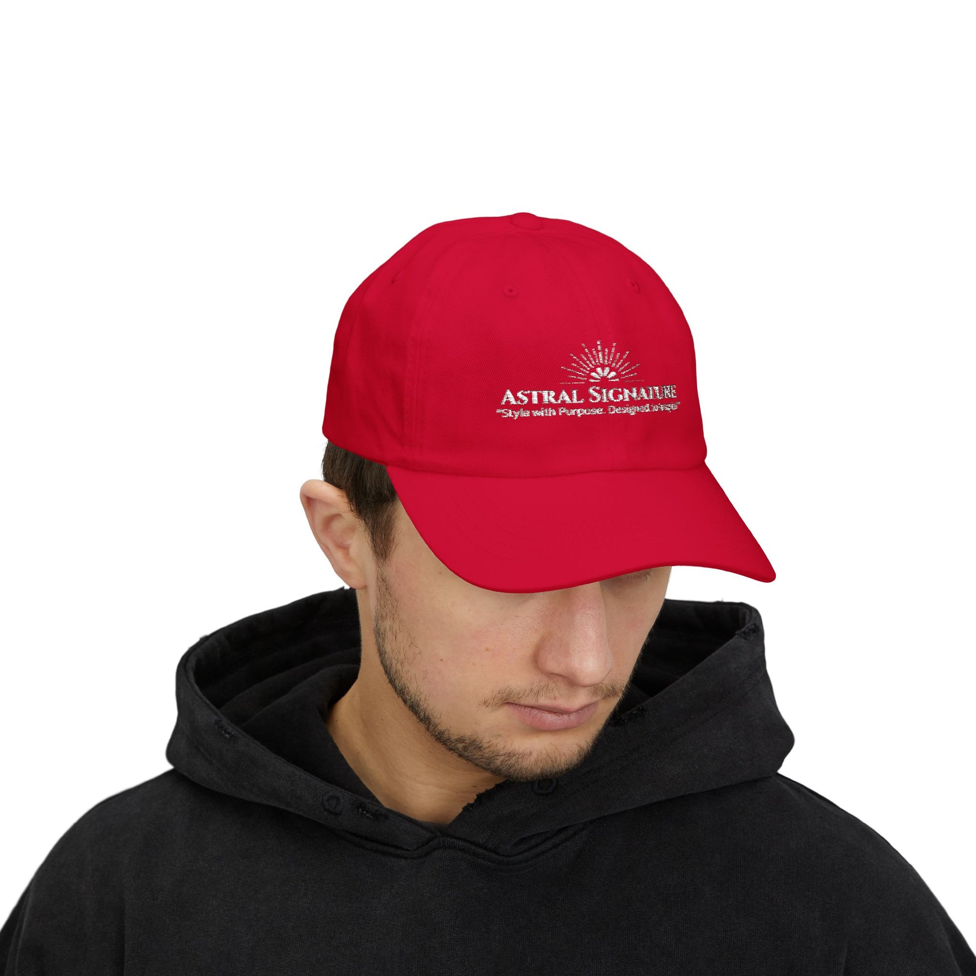 Dark blue Classic Dad Cap from the Astral Signature Collection, showcasing its stylish design. This cap is a versatile addition to any casual outfit and is an excellent Father's Day gift option.