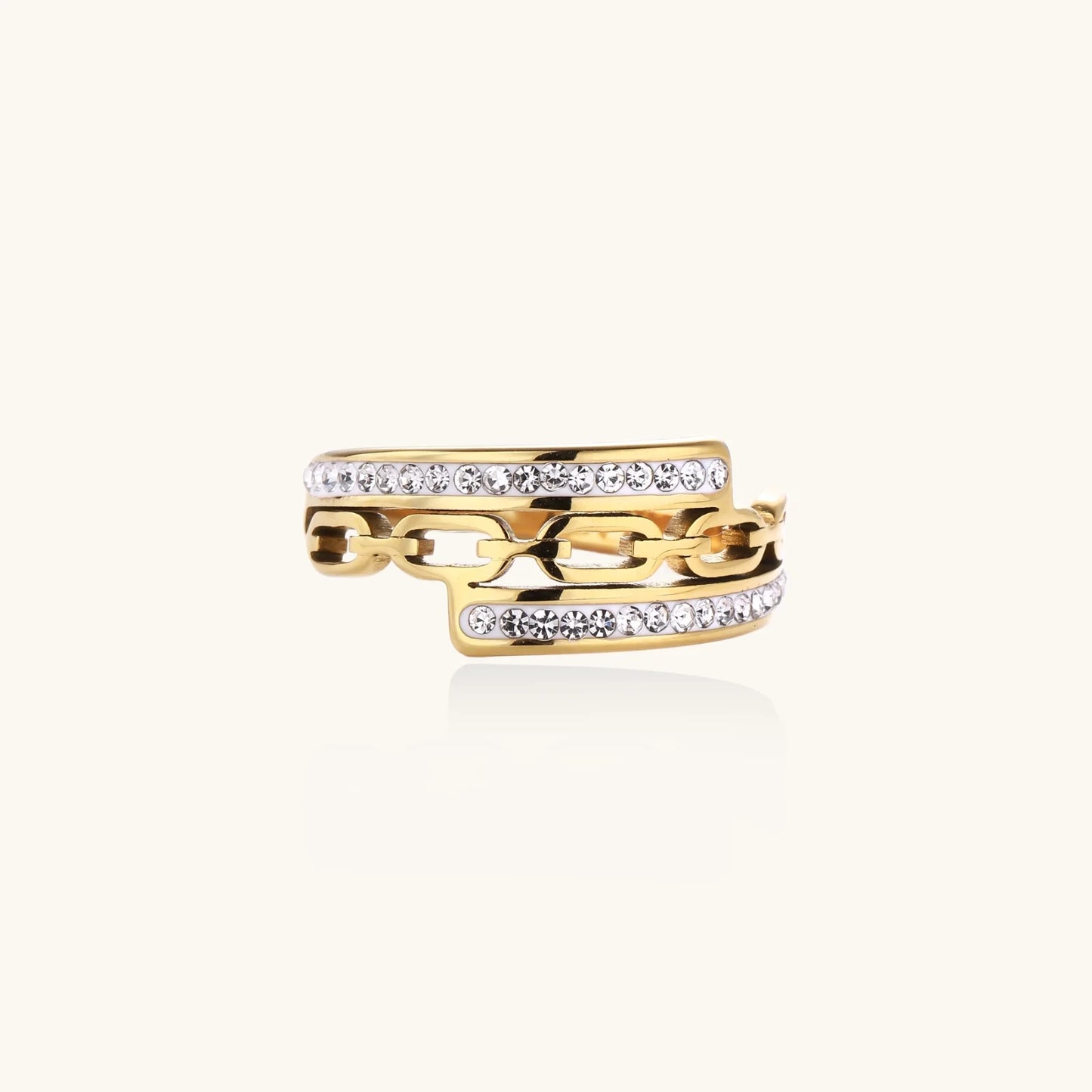 A side view of the Chain Link Crystal Ring, emphasizing its intricate design with shimmering rhinestones and gold plating. Crafted by Astral Signature, this piece is perfect for everyday wear and serves as a delightful gift for her, reflecting the unique style of the Astral Design limited edition.