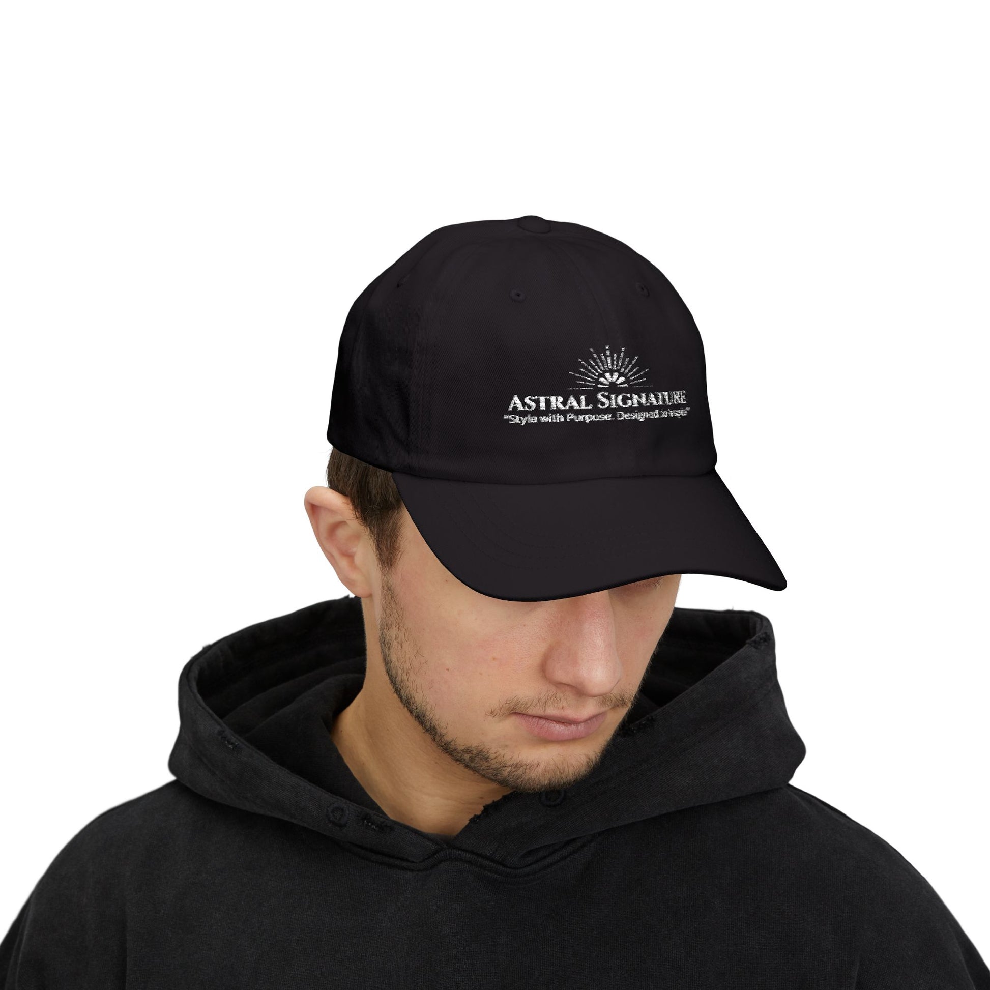 Male model wearing a gray Classic Dad Cap from the Astral Signature Collection, showcasing its trendy design. Perfect for casual outings, this stylish baseball hat is a fantastic gift for Father's Day or a great addition to his everyday cap collection.