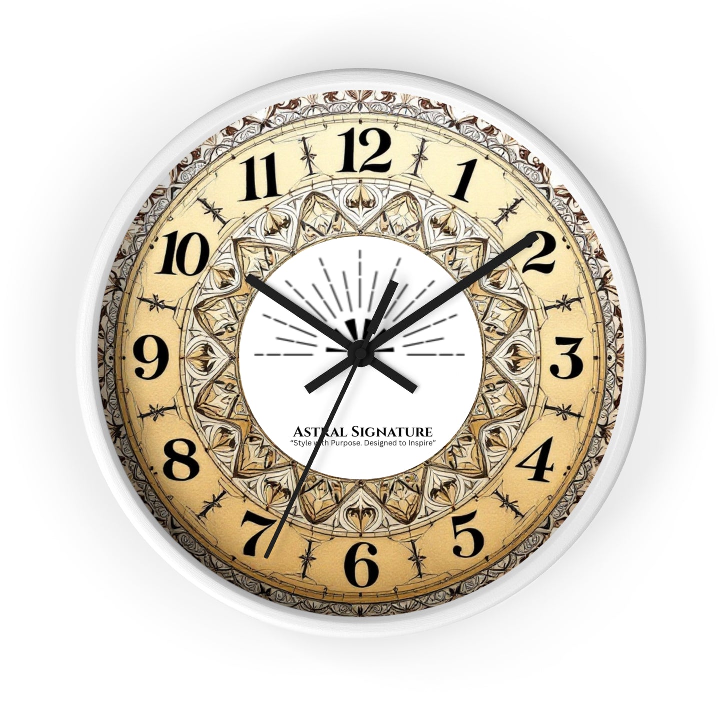 Elegant Bohemian Mandala Wall Clock by Astral Signature, designed with vibrant colors and a unique celestial theme. This decorative timepiece serves as a stylish addition to bedroom wall decor or dorm room decor, making it a wonderful gift for yoga lovers and ideal for hippie room decor.