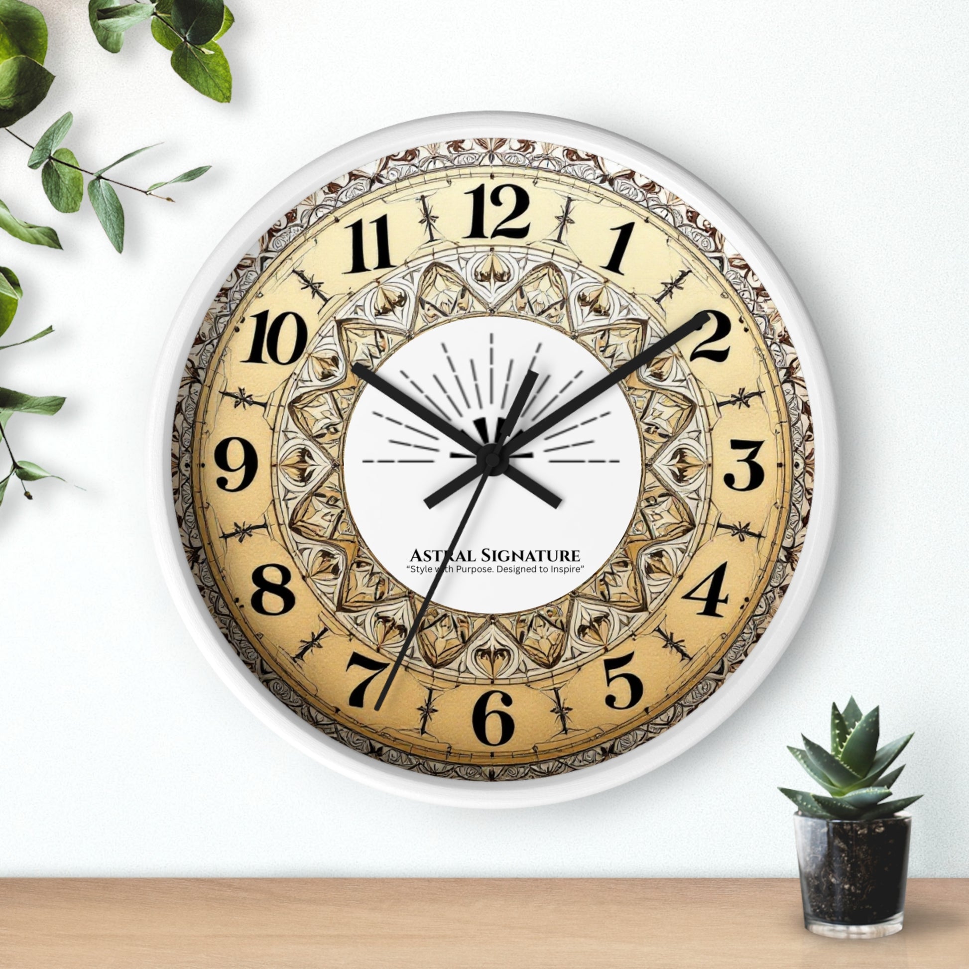 Chic Bohemian Mandala Wall Clock by Astral Signature featuring a vibrant and intricate mandala pattern. This decorative timepiece is perfect for use in bedroom wall decor or dorm room decor, also making an excellent gift for yoga lovers and bohemian decor fans.