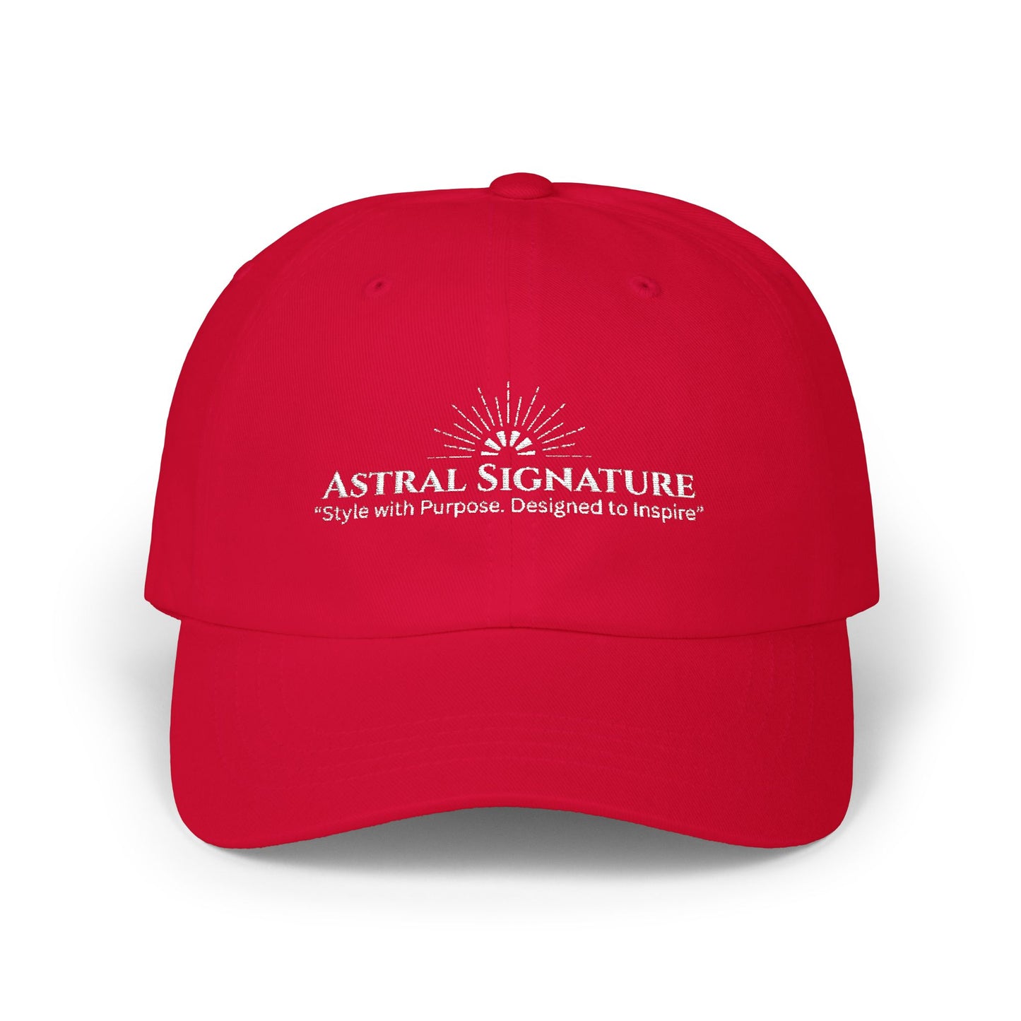 Vibrant red Classic Dad Cap from the Astral Signature Collection, showcasing a fun and stylish design. This casual headwear is perfect for him, embodying the essence of urban style and vintage baseball caps. A great choice for a Father's Day gift or an everyday cap.