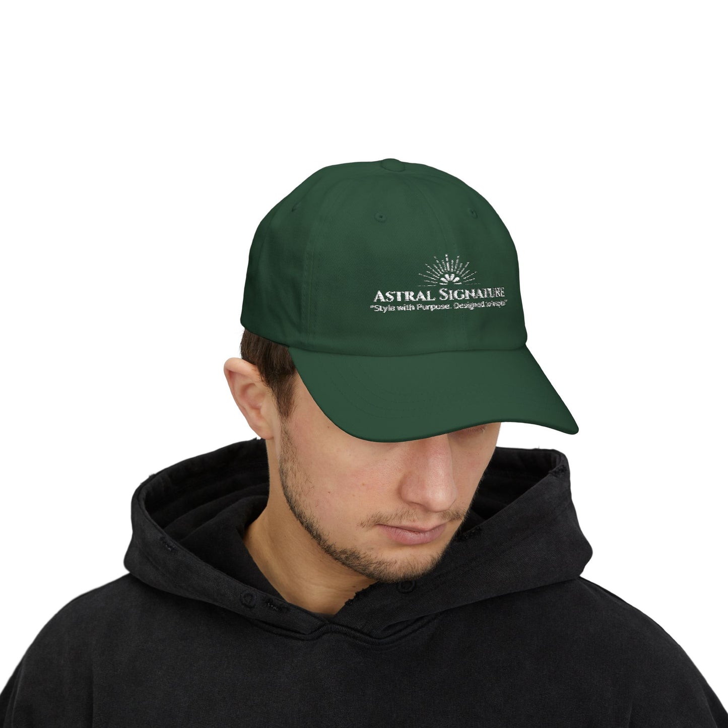Male model wearing a green Classic Dad Cap from the Astral Signature Collection. This stylish baseball hat combines comfort with casual headwear, making it a great choice for men seeking urban fashion. Perfect for a Father's Day gift or everyday wear.