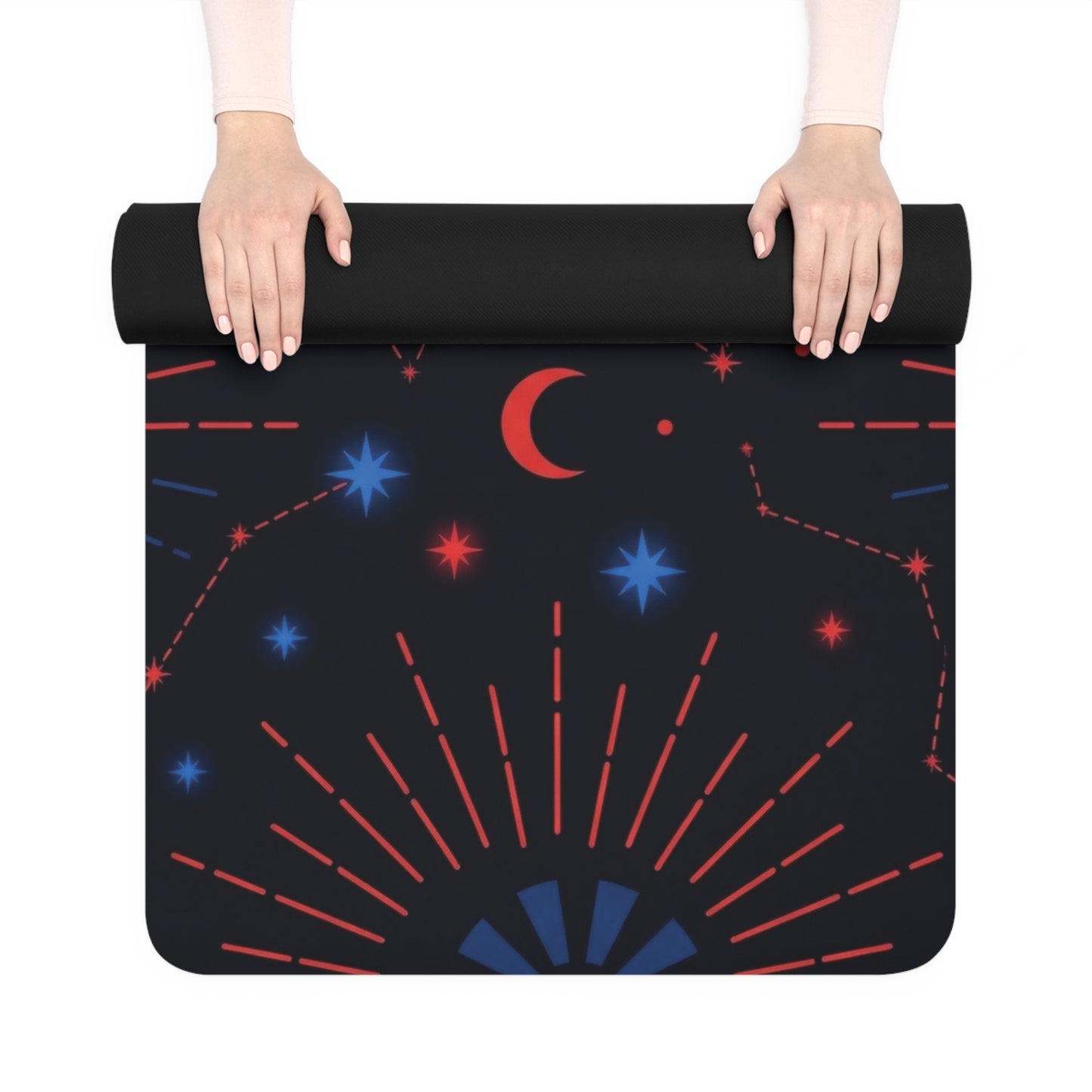 Hands rolling up the Rubber Yoga Mat — Cosmic Moon & Constellation Design by Astral Signature, revealing its striking celestial design. Ideal for astrology yoga enthusiasts, this exercise mat is a fantastic choice for those seeking a meditation mat that combines beauty and functionality for their yoga practice.