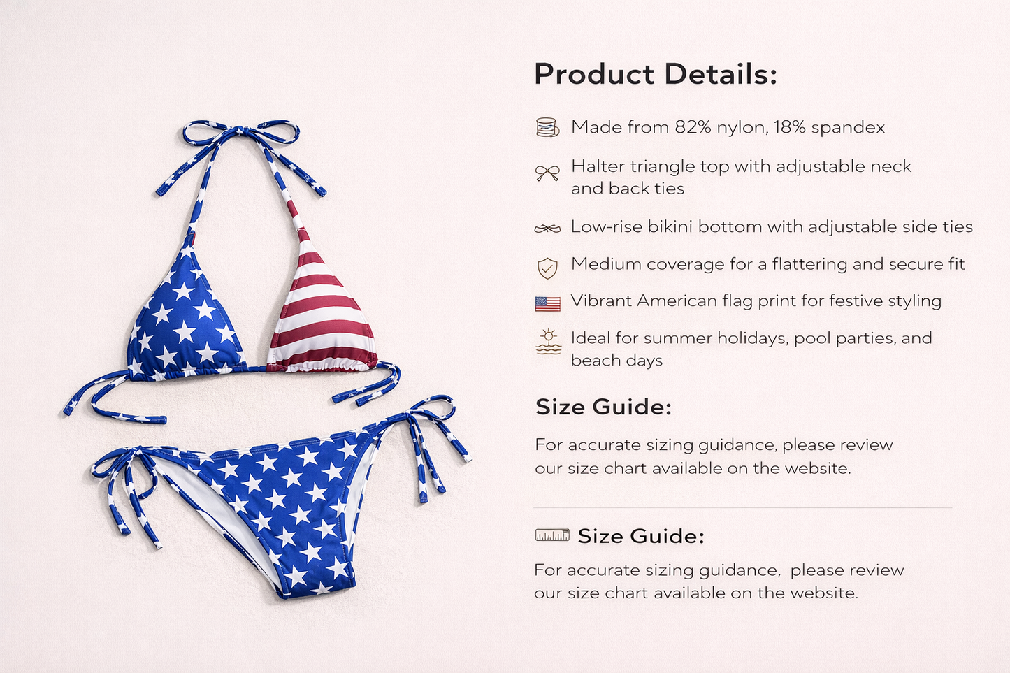 Flat lay of the American Flag Halter Bikini Set by BE WICKED, showcasing the bikini's details including adjustable ties and vibrant patriotic print, perfect for summer celebrations. APPAREL, CCPRODUCTS, NEW ARRIVALS, SWIMWEAR & COVER-UPS.