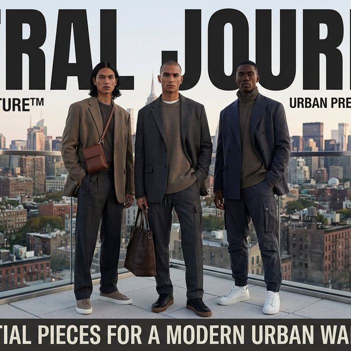 Essential modern urban wardrobe pieces including minimalist t-shirts, relaxed trousers, hoodies, and clean sneakers in neutral colors