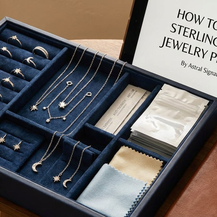 "Sterling silver jewelry stored properly in soft fabric pouches to prevent tarnish"