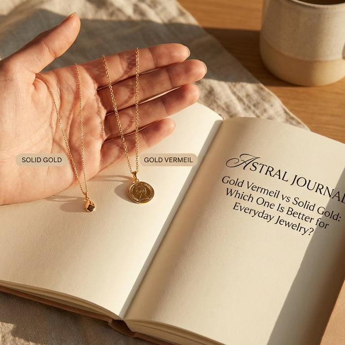 Gold vermeil and solid gold jewelry comparison showcasing premium demi-fine materials for everyday wear