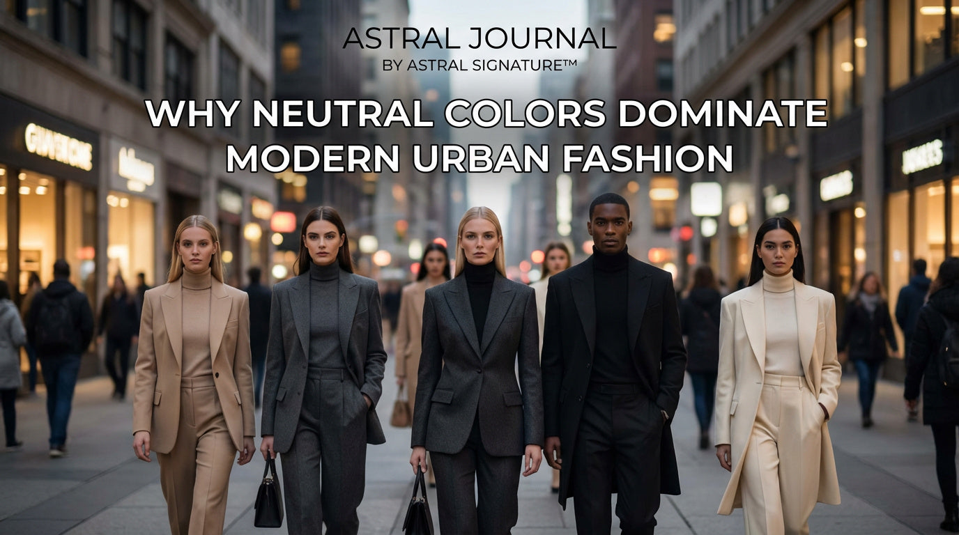 Modern urban fashion outfit featuring neutral color palette with black, grey, and beige tones showcasing minimalist street style
