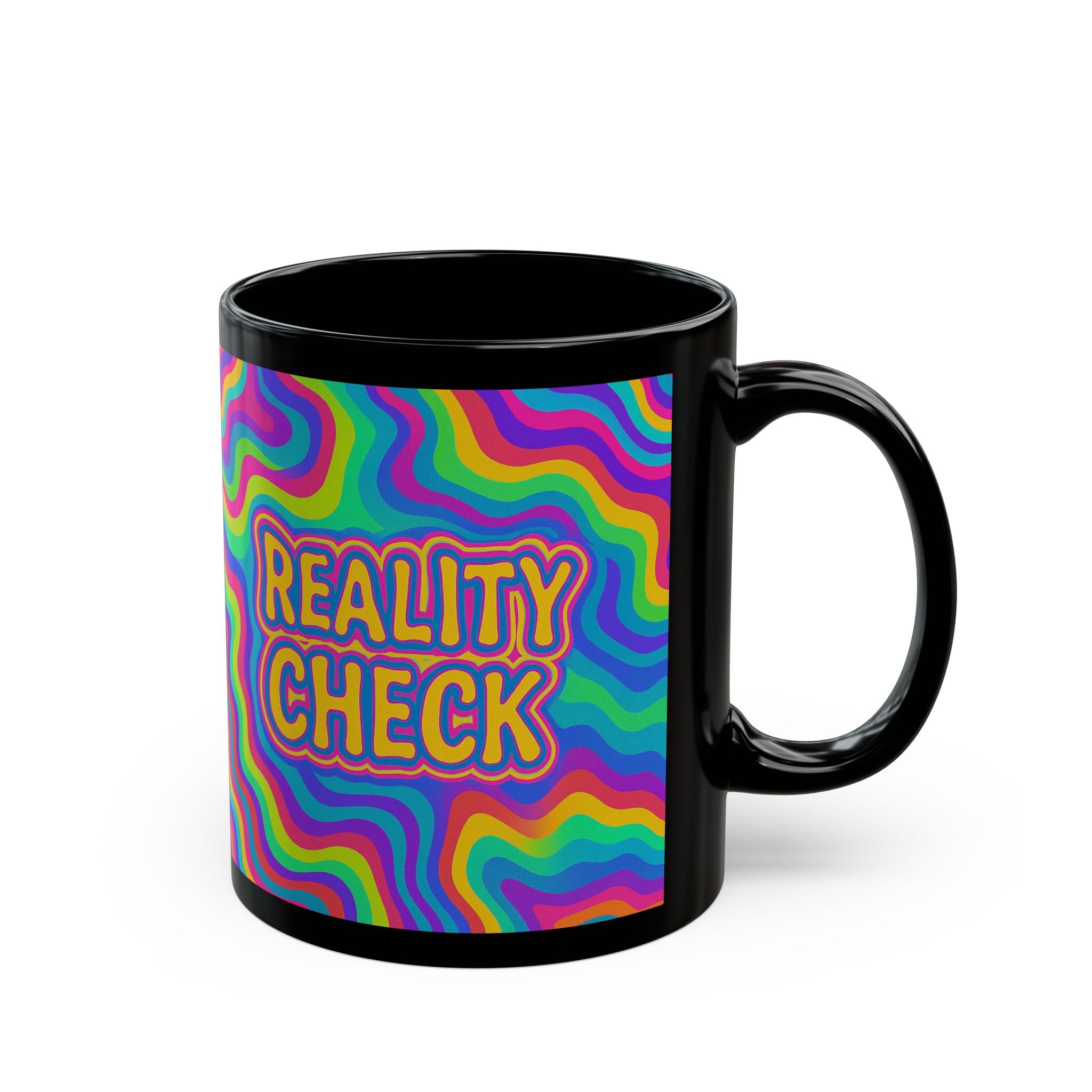 Astral Signature Colorful Reality Check Mug showcasing vibrant print on glossy ceramic, perfect gift for coffee lovers.