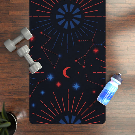 Rubber Yoga Mat featuring a Cosmic Moon & Constellation Design by Astral Signature, perfect for enhancing your astrology yoga practice. This celestial mat is an ideal home yoga mat and meditation mat, designed to provide a non-slip surface for your exercise routines. Lightweight and portable, it offers the immersive feel of a night sky yoga experience, making it a thoughtful gift for yogis.