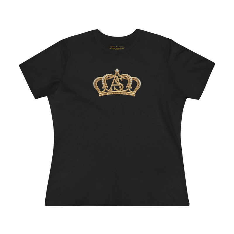 The Women’s Cotton Tee — Minimal Radiant A.S Golden Crown Lines Graphic by Astral Signature displayed in black. This trendy women tee is designed for comfort and style.