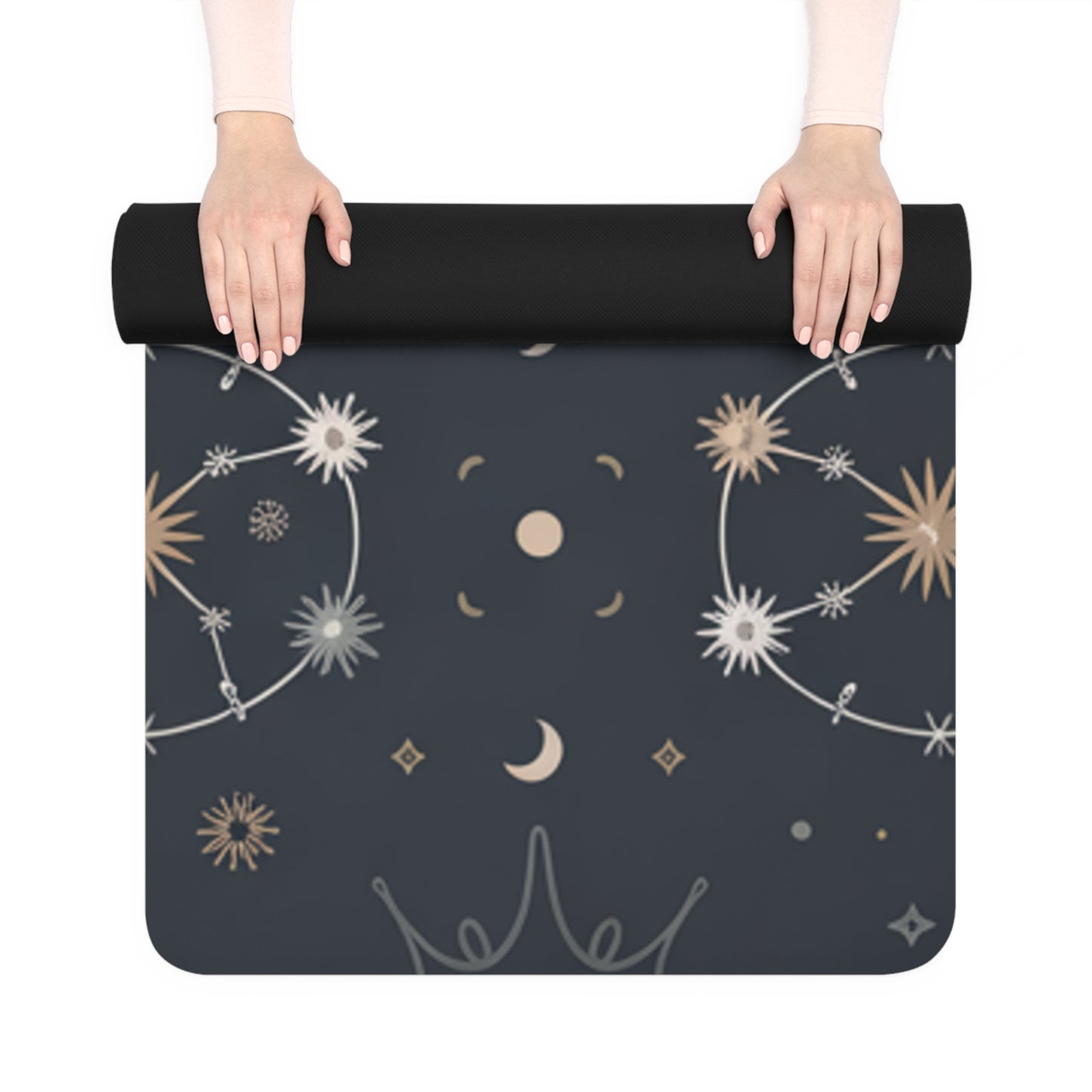 A person rolling up the Astral Signature™ Rubber Yoga Mat showcasing a stunning constellation design. Ideal for fitness enthusiasts, this lightweight yoga mat is perfect for home, studio, and travel practices, making it an essential yoga accessory.