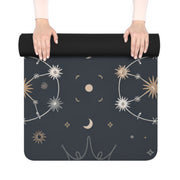 A person rolling up the Astral Signature™ Rubber Yoga Mat showcasing a stunning constellation design. Ideal for fitness enthusiasts, this lightweight yoga mat is perfect for home, studio, and travel practices, making it an essential yoga accessory.