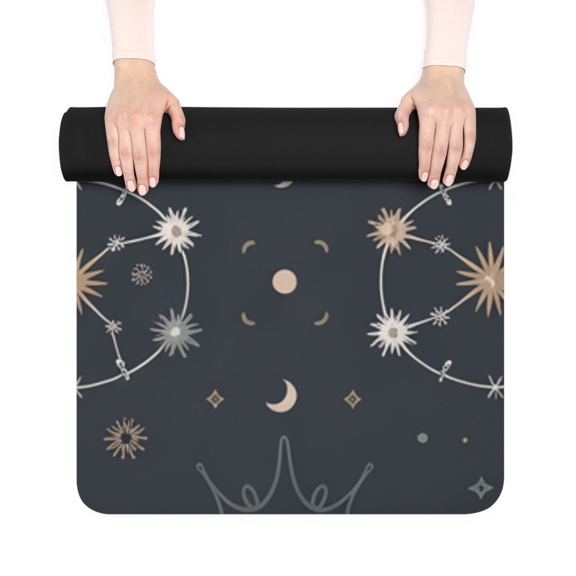 A person rolling up the Astral Signature™ Rubber Yoga Mat showcasing a stunning constellation design. Ideal for fitness enthusiasts, this lightweight yoga mat is perfect for home, studio, and travel practices, making it an essential yoga accessory.