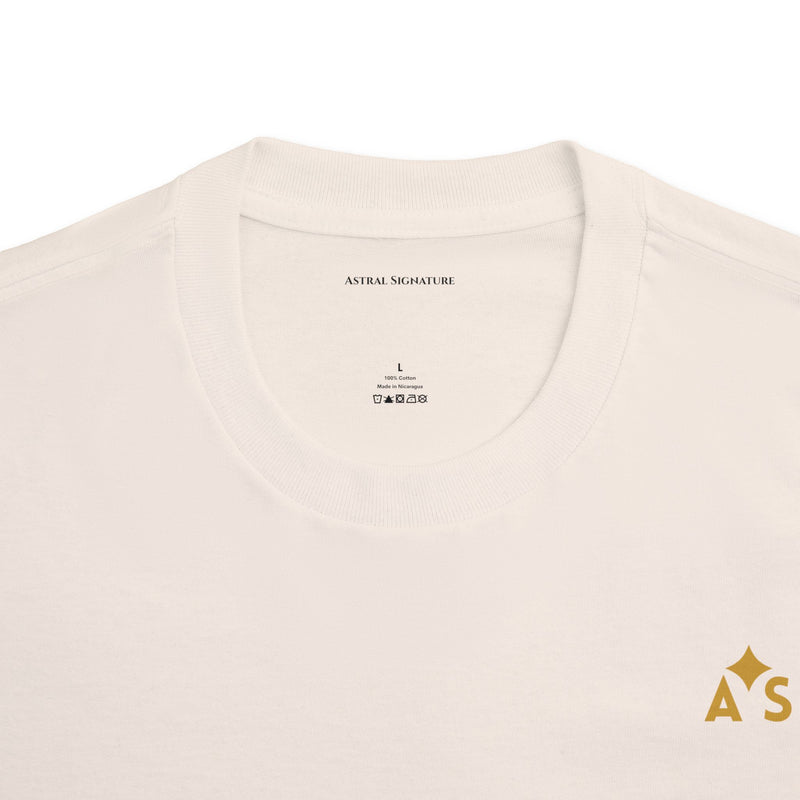 Close-up view of the ribbed collar of the Unisex Classic Logo Tee by Astral Signature in cream, showcasing its comfort and style.