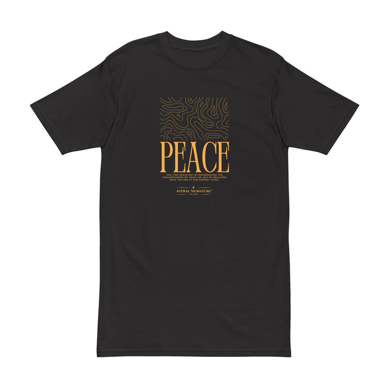 Close-up of Astral Inner Peace Minimalist Tee — Gold ‘PEACE’ Script Men’s T-Shirt featuring the elegant gold graphic on a black background. Ideal as a gift for him, this men’s t-shirt is a staple in men’s fashion.