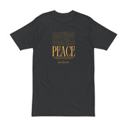 Astral Inner Peace Minimalist Tee — Gold ‘PEACE’ Script Men’s T-Shirt shown in a charcoal color, emphasizing its versatile style. A thoughtful gift for him, this men’s fashion piece is perfect for everyday wear.