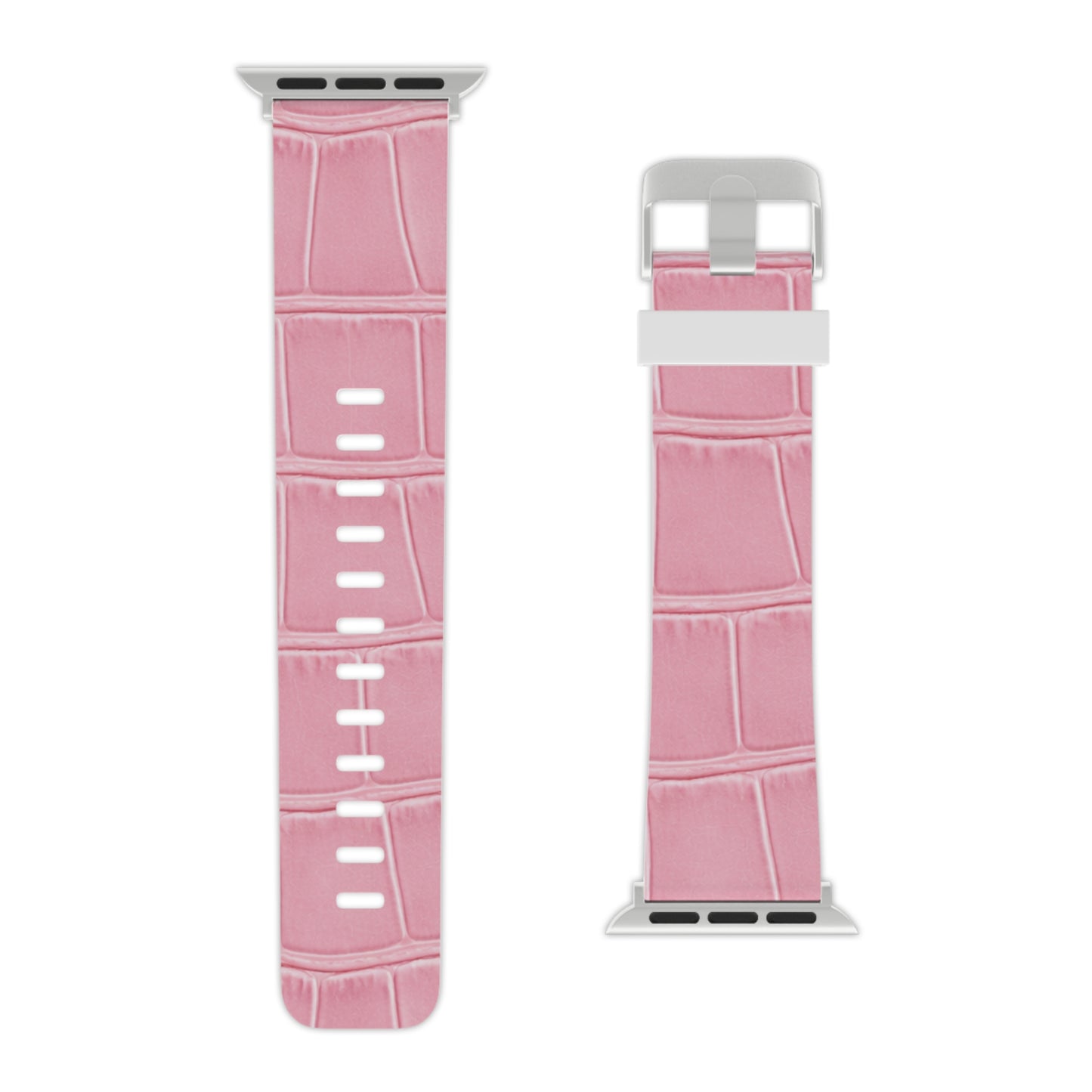 Detailed view of the Astral Signature™ Apple Watch Band — Pink Croc Leather alongside a white band. This fashionable band combines the look of leather with a casual chic design, making it an excellent choice for everyday wear.