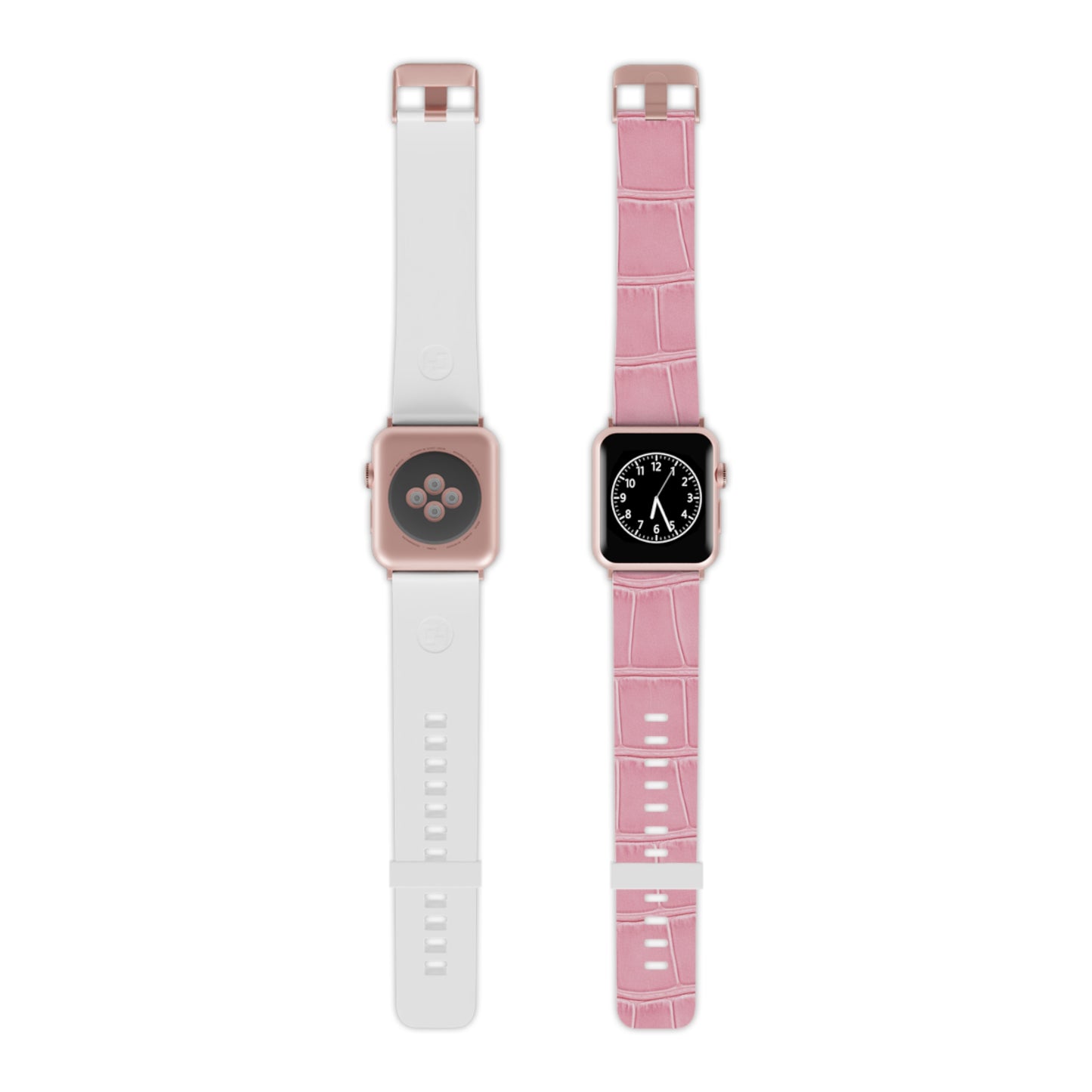 Stylish presentation of the Astral Signature™ Apple Watch Band — Pink Croc Leather next to a white band. This feminine band embodies casual chic appeal, ideal for everyday wear and a great gift for her, especially for birthdays or as a luxury spring accessory.