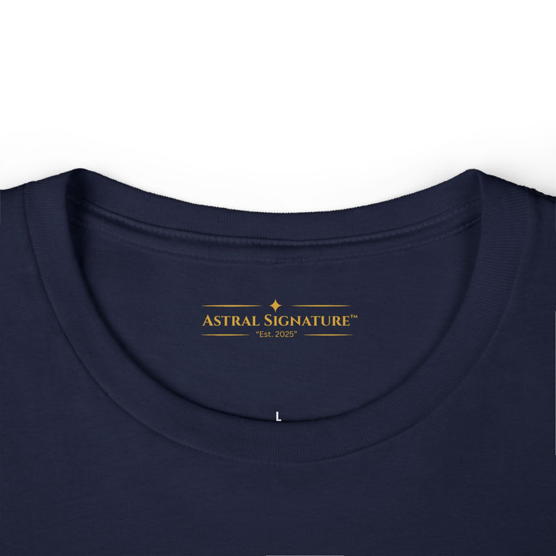 The Women’s Cotton Tee — Minimal Radiant A.S Golden Crown Lines Graphic by Astral Signature close-up of the neckline in pink, combining comfort and style for a women shirt.