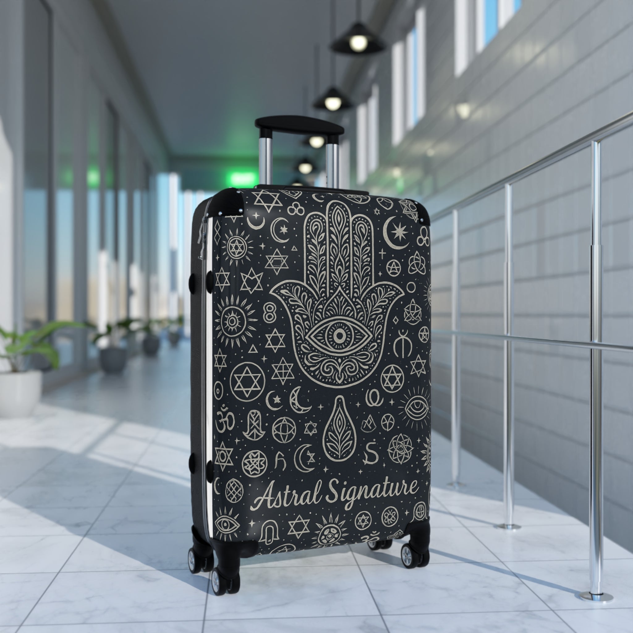 Astral Signature Sacred Travel Suitcase with vibrant designs, offering an aesthetic appeal for travelers interested in chakra energy suitcase.