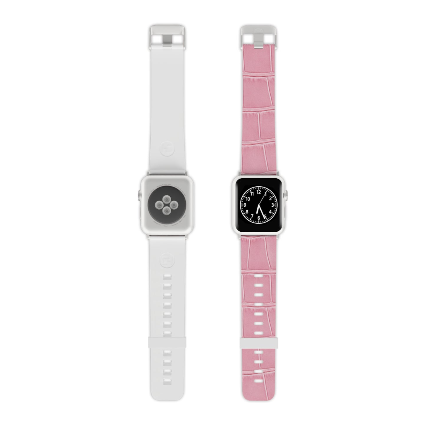 Detail view of the Astral Signature™ Apple Watch Band — Pink Croc Leather next to white band. This casual chic accessory is an adjustable band designed for everyday use, adding a pastel pink touch to any outfit as a gift for her.
