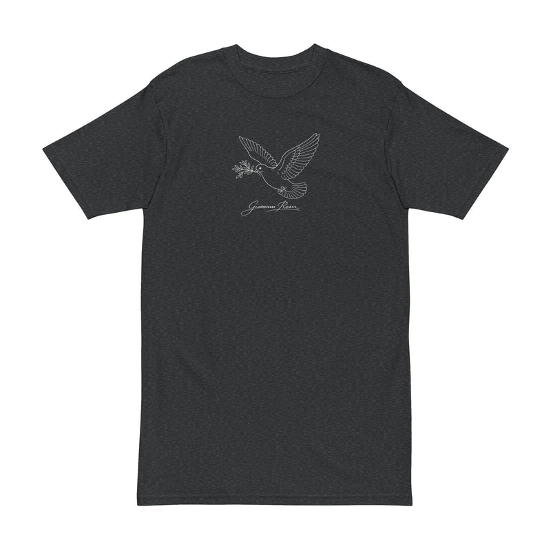 Front view of the Giovanni Reni™ Dove Signature Tee in charcoal, featuring a minimalist dove illustrating peace. This Minimalist Men’s T-Shirt is a thoughtful gift for him and a staple in men's fashion.