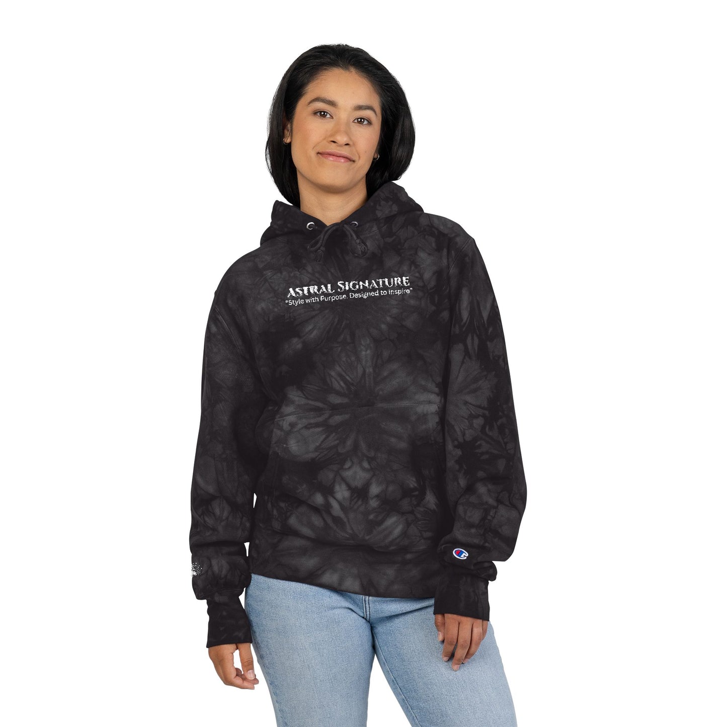 Champion Astral Signature Black Tie-Dye co-branded Hoodie — Embroidered Logo Pullover