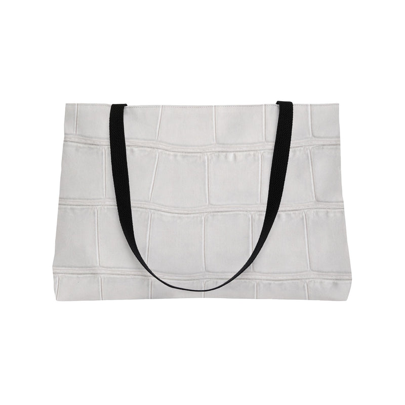 Back view of the White Weekender Tote Bag - Structured Croc-Embossed by Astral Signature. A fashionable black tote suitable for carrying all your essentials, this versatile bag serves as a weekend tote for trips or an everyday tote for city excursions.