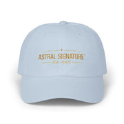 Light blue Classic Dad Cap by Astral Signature™, exhibiting a stylish headwear option for the season. This trendy dad hat is perfect for casual outings and makes a wonderful gift for dad.