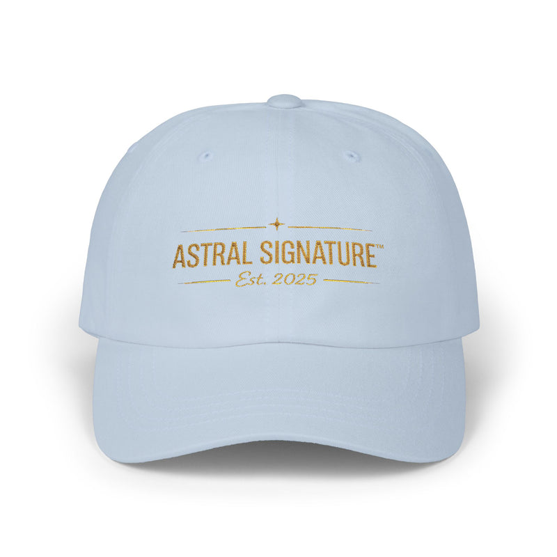 Light blue Classic Dad Cap by Astral Signature™, exhibiting a stylish headwear option for the season. This trendy dad hat is perfect for casual outings and makes a wonderful gift for dad.