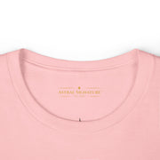 The Women’s Cotton Tee — Minimal Radiant A.S Golden Crown Lines Graphic by Astral Signature displayed prominently with a focus on unique details in pink, perfect for a chic women shirt.