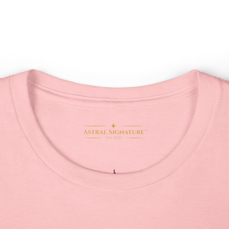 The Women’s Cotton Tee — Minimal Radiant A.S Golden Crown Lines Graphic by Astral Signature displayed prominently with a focus on unique details in pink, perfect for a chic women shirt.
