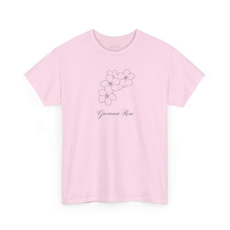 A close-up of the hemline on the Giovanni Reni Floral Script Tee, 'Guerrera Rosa', exemplifying its design as a Women’s Relaxed Tee by Astral Signature.