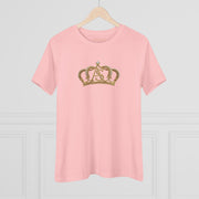 The Women’s Cotton Tee — Minimal Radiant A.S Golden Crown Lines Graphic by Astral Signature, shown flat on a surface in pink, presents a modern design for a women tee.