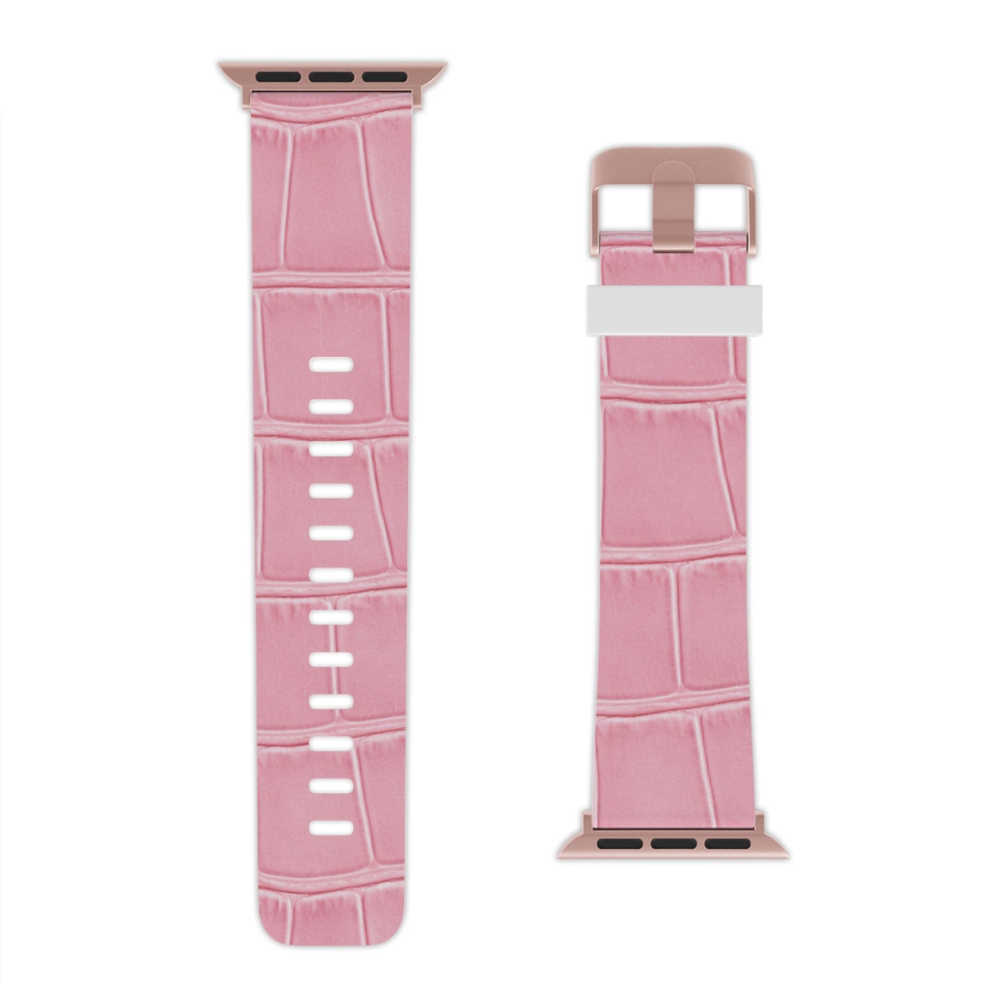 Close-up presentation of the Astral Signature™ Apple Watch Band — Pink Croc Leather beside a white band. The crocodile strap offers casual chic appeal, making it a flattering accessory for everyday wear and spring outfits.