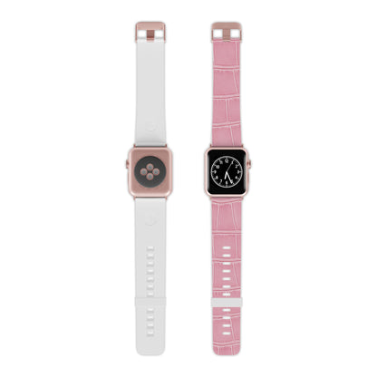 Stylish presentation of the Astral Signature™ Apple Watch Band — Pink Croc Leather featuring alongside a white band. This feminine band is an adjustable replacement for Apple Watch, suitable for casual chic styles and as a pastel birthday gift for her.