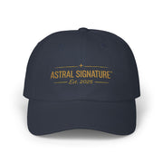 Classic Dad Cap by Astral Signature™ in navy blue, capturing the essence of stylish outdoor fashion. This everyday cap is a great choice for casual wear, making it the perfect gift for dad.