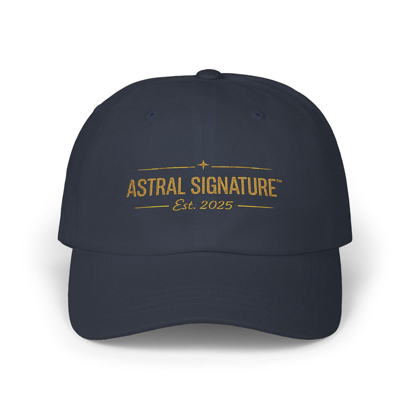 Classic Dad Cap by Astral Signature™ in navy blue, capturing the essence of stylish outdoor fashion. This everyday cap is a great choice for casual wear, making it the perfect gift for dad.