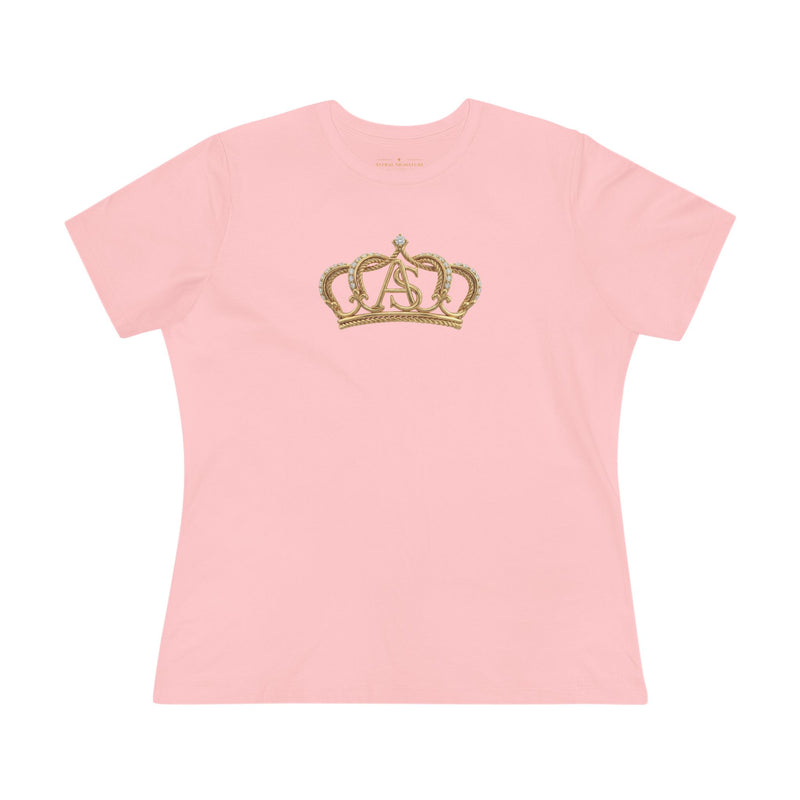 The Women’s Cotton Tee — Minimal Radiant A.S Golden Crown Lines Graphic by Astral Signature in a soft pink color. This women shirt adds a touch of charm and style for any outfit.