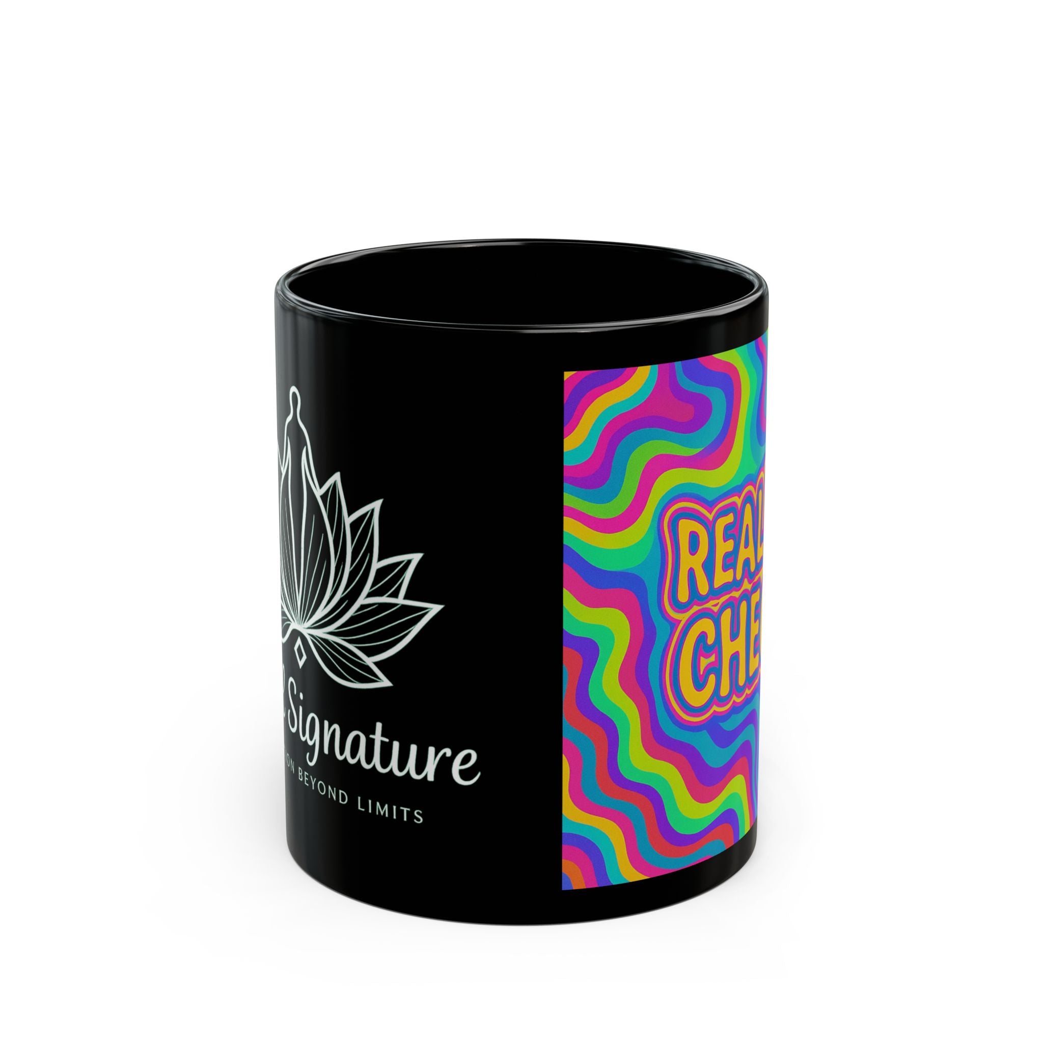 Close-up of the Astral Signature Colorful Reality Check Mug with colorful design, ideal for brightening any kitchen.