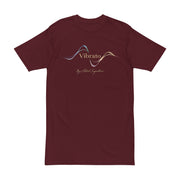 The front view of the Vibrato - Sonic Motion Tee — Burgundy Edition by Astral Signature™, showcasing a unique wave pattern. A great choice for a gift for him, this stylish men's t-shirt enhances any casual wardrobe.