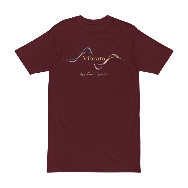 The front view of the Vibrato - Sonic Motion Tee — Burgundy Edition by Astral Signature™, showcasing a unique wave pattern. A great choice for a gift for him, this stylish men's t-shirt enhances any casual wardrobe.