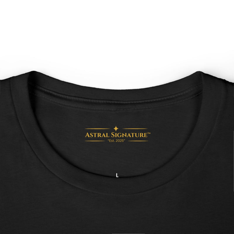 The Women’s Cotton Tee — Minimal Radiant A.S Golden Crown Lines Graphic by Astral Signature in deep gray colors, emphasizing its crown graphic design. A trendy choice for a women shirt.